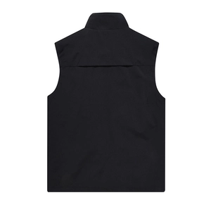 Back view of black stand-collar outdoor vest with minimalist sporty stitching design