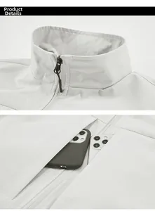Detail view of the standing collar and large storage pockets on a white sports vest
