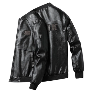 Men's black PU leather bomber jacket with letter embroidery and ribbed cuffs