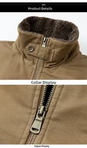 Detail view of khaki cotton jacket showing sherpa fleece collar and vintage metal zipper