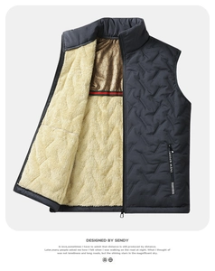 Macro detail of men's fleece vest with graphene thermal lining and lamb wool interior