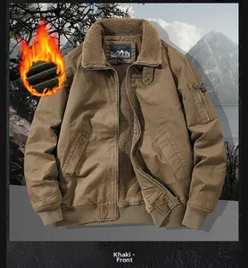 Detail view of khaki bomber jacket featuring thick sherpa lining and zip sleeve pocket