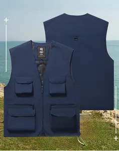 Detailed view of dark blue outdoor fishing vest with multiple pockets and mesh lining