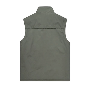 Back view detail of casual outdoor vest featuring stand collar and back pleats for comfort