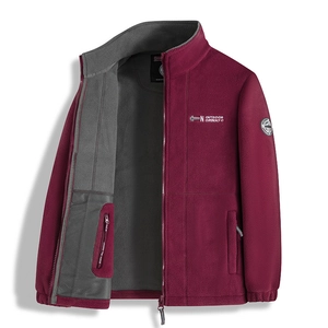 Men's outdoor wine red polar fleece jacket with high collar and warm lining