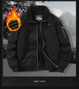 Detail of men's winter flight jacket showing plush fleece lining and black canvas shell