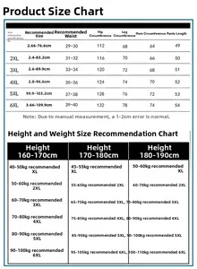 Detailed size chart for men cotton casual shorts showing measurements from XL to 6XL
