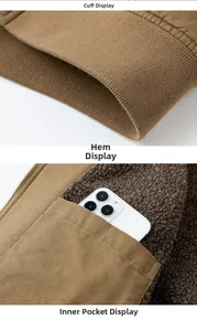 Detail view of ribbed cuffs, hem and inner pocket on a brown canvas shearling jacket