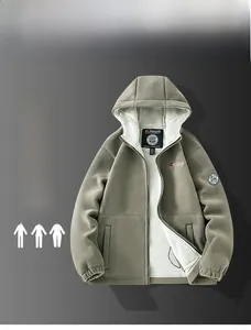 Detail of olive green fleece jacket showing chest embroidery and zipper closure