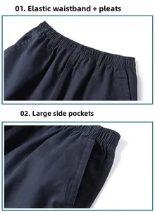 Detail view of men's casual shorts with elastic waist, belt loops and deep side pockets