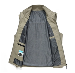 Detail view of khaki outdoor vest with breathable mesh lining and inner zipper pocket