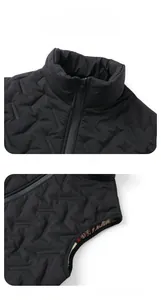 Close-up of black quilted vest featuring stand collar design and durable zipper closure
