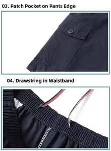 Detail of cargo pocket with button and elastic waistband with woven drawstrings