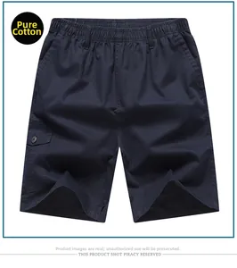 Detail showing elastic waist and cargo pockets on dark blue men's pure cotton shorts