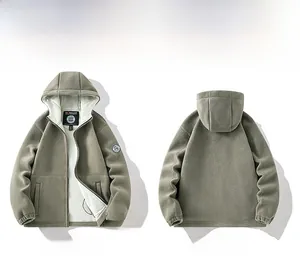 Khaki men's fleece-lined hooded jacket showing front and back views with warm lining