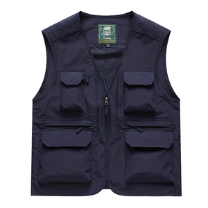 Quick-dry dark blue multi-pocket outdoor vest with breathable mesh lining for men