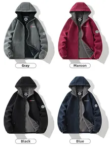 Flat lay of four hooded fleece jackets in grey, burgundy, black, and navy colors