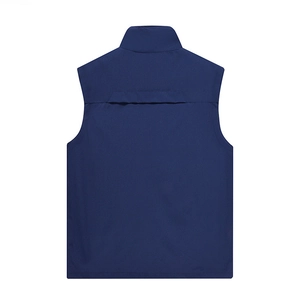 Rear view of deep blue outdoor vest featuring functional mesh ventilation back panel