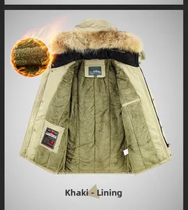 Dettaglio del parka kaki con fodera in pile verde e caldo colletto in ecopelliccia