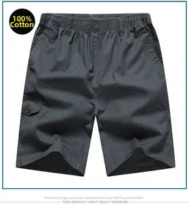 Detail of grey men's cotton cargo shorts showing elastic waist and buttoned pocket