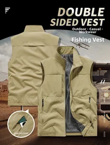 Detail of reversible khaki outdoor vest with multi-pockets and breathable mesh lining