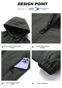 Detail of dark green hooded jacket featuring zip pockets and elastic cuffs for windproof use