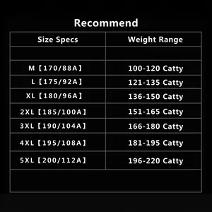 Size chart for winter men's cotton fleece flight jacket ranging from M to 5XL