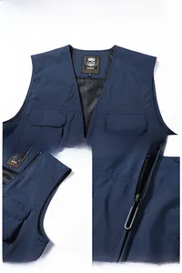 Detailed views of V-neck opening, metal zipper, and durable fabric on men's utility vest