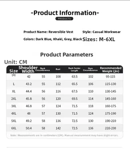 Detailed size chart for reversible fleece vest from M to 6XL with specific measurements