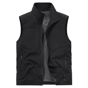 Men's outdoor multi-pocket cargo vest in black with stand collar and mesh lining