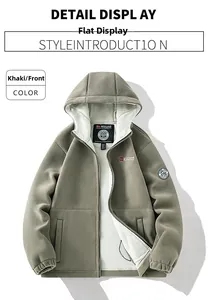 Detailed view of khaki fleece-lined hoodie with embroidered badges and soft white lining
