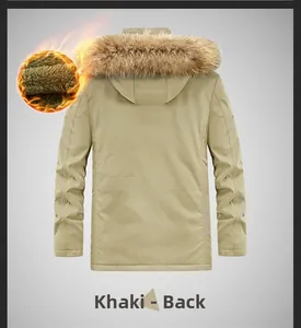 Parka invernale da uomo kaki con spessa fodera in pile e cappuccio in pelliccia