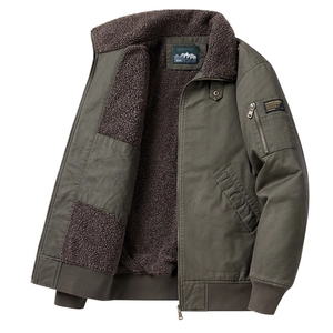 Olive green men's flight bomber jacket with warm sherpa lining and utility pocket