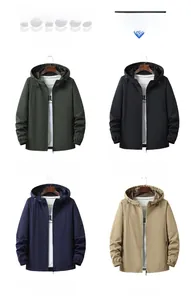 Men's hooded jackets in army green, black, dark blue, and khaki colors with zip-up fronts