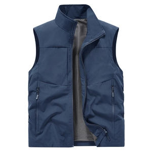 Men's navy outdoor utility vest with stand collar, waterproof fabric and mesh lining