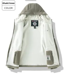 Detail view of khaki hooded fleece jacket showing white warm lining and mesh pockets