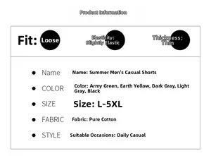 Tableau détaillé des tailles et spécifications pour shorts décontractés en coton pour homme