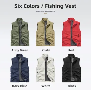 Outdoor vest display in green, khaki, red, blue, white, black with breathable mesh lining