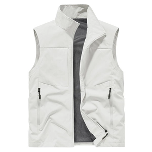 Men's light grey tactical outdoor vest with breathable mesh lining and stand collar