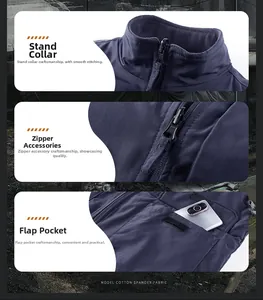 Detail view of standing collar, high-quality zipper and flap pockets on men's work vest