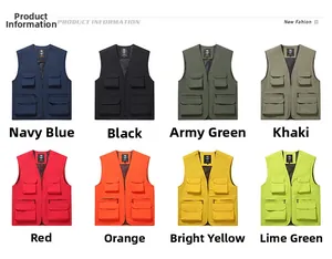 Multi-pocket outdoor fishing vest shown in eight colors with functional utility pockets