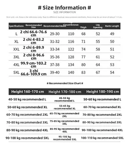 Tableau des tailles détaillé pour shorts homme en coton de L à 5XL pour un ajustement idéal