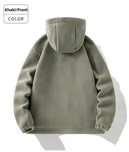 Detail of khaki fleece hoodie showing warm polar fleece texture and elastic sleeve cuffs