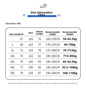 Detailed size chart for men's hooded jacket covering sizes M to 5XL with measurements