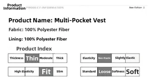 Technical specifications chart of multi-pocket vest made of 100% polyester thin fabric
