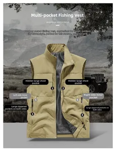 Detail of khaki outdoor vest showing functional multi-pockets and breathable mesh lining