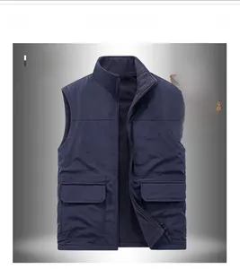 Detail of blue fleece-lined vest with standing collar and warm thermal lining