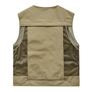 Men's khaki mesh fishing vest with breathable back panel and large rear zipper pocket