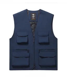 Detail view of multi-pocket outdoor fishing vest with breathable mesh lining and V-neck