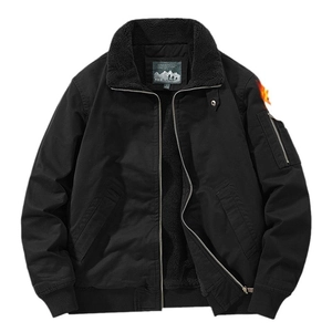 Men's winter black flight jacket with warm fleece lining and tactical sleeve pocket